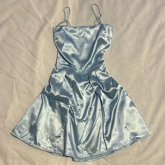 Lucy in the Sky High Slit Tie Back Blue Satin Mini Dress - Picture 1 of 3